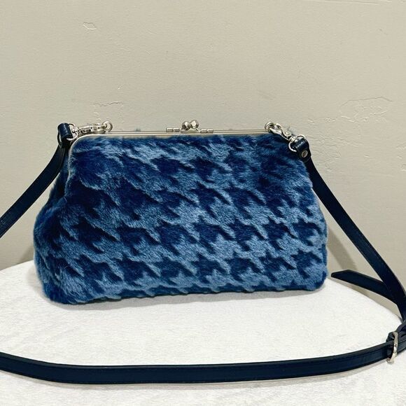 Blue Houndstooth Genuine Shearling Leather Kisslock Handbag, Multi Use Style - Picture 4 of 16